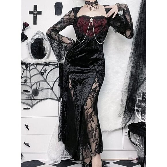 Contrast Lace Long Sleeve Split Dress Black Goth Vintage Dresses Clothes - Picture 6 of 8